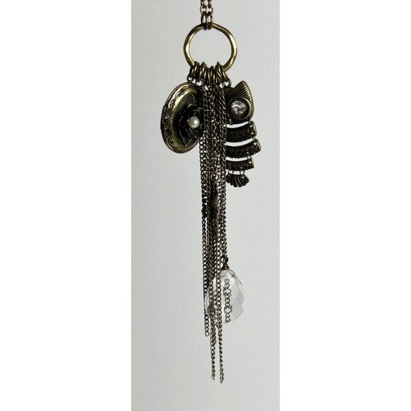 Vintage Brass Locket & Owl Pendant Necklace With Chains & Crystal Accents Costum - Picture 1 of 11